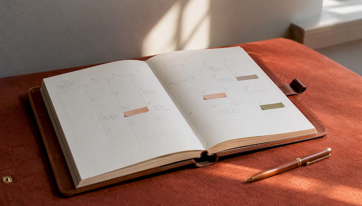 Planner with quarterly review dates marked