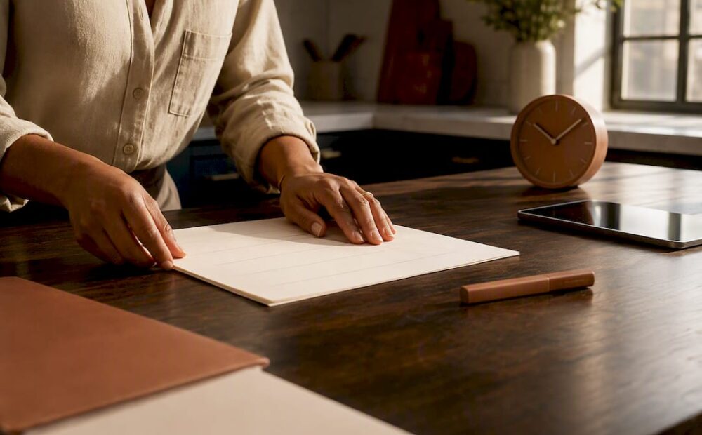 Hands arranging run of show document on table
