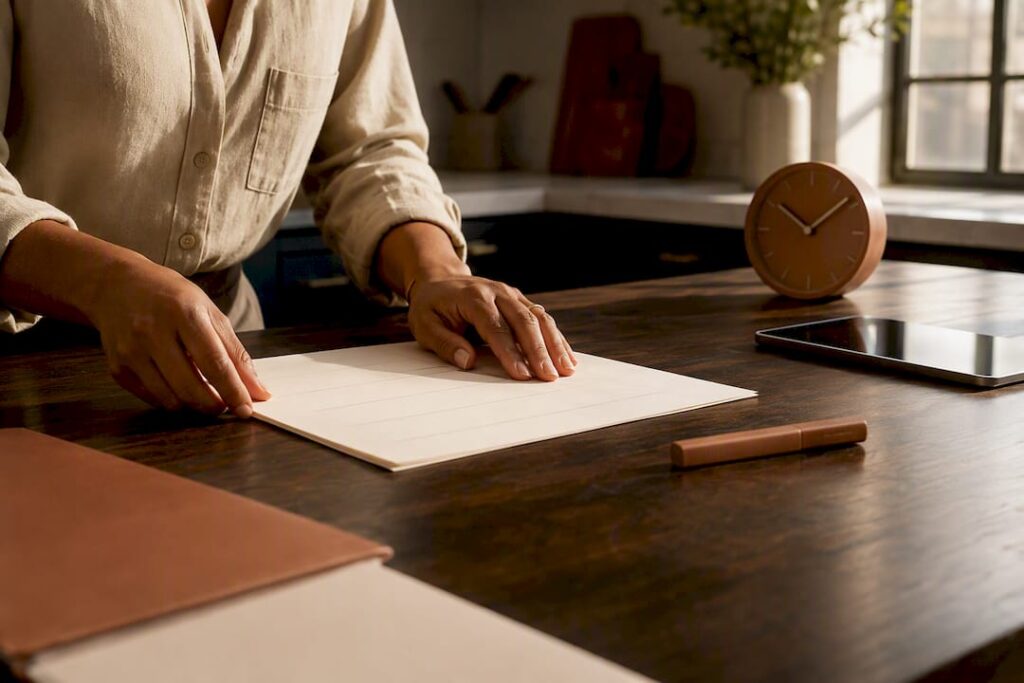 Hands arranging run of show document on table