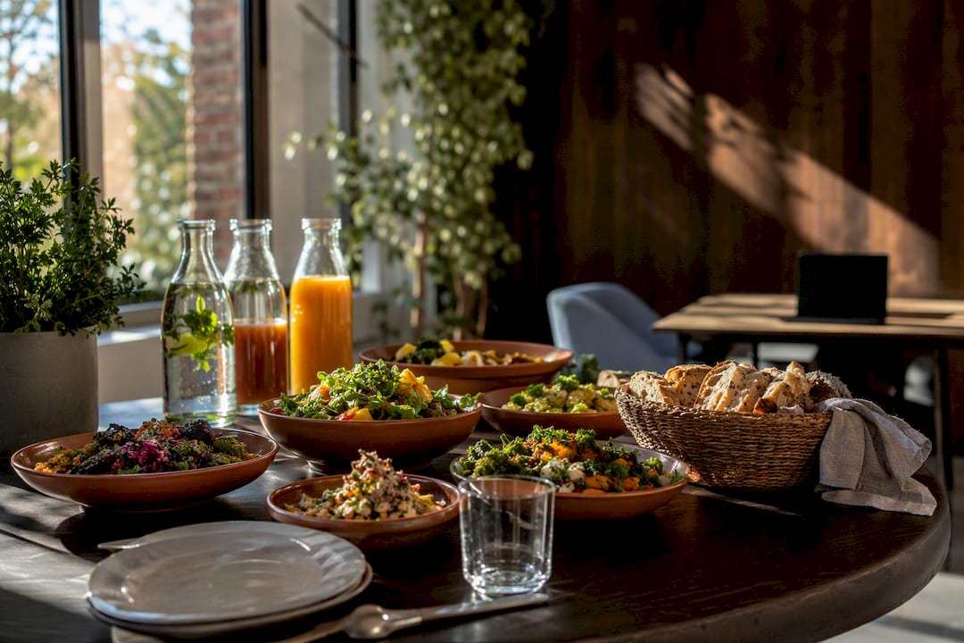 Workshop lunch spread with fresh salads and bread