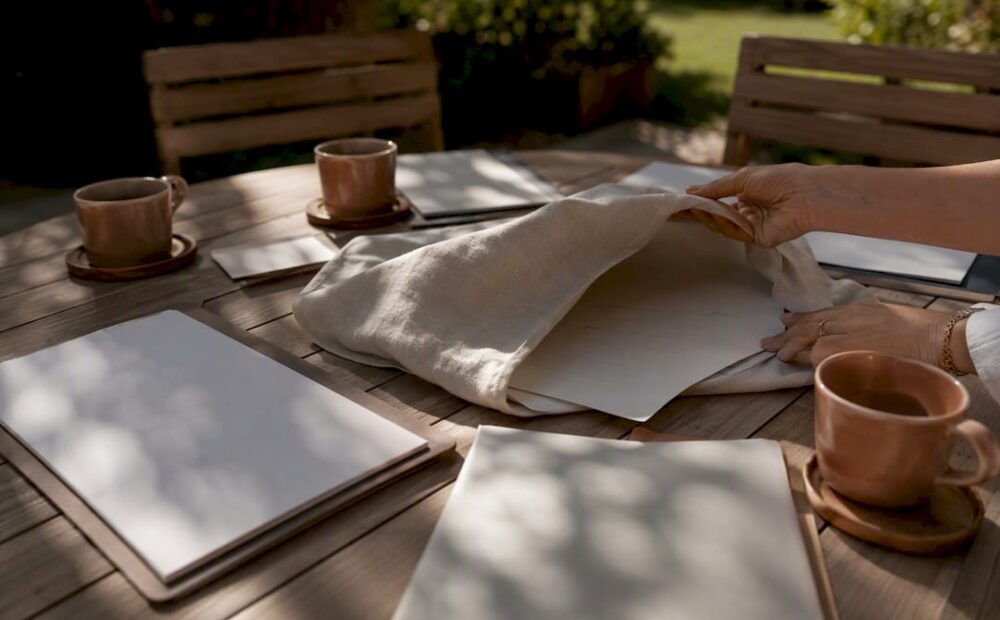 Workshop table with agenda sheets and coffee cups