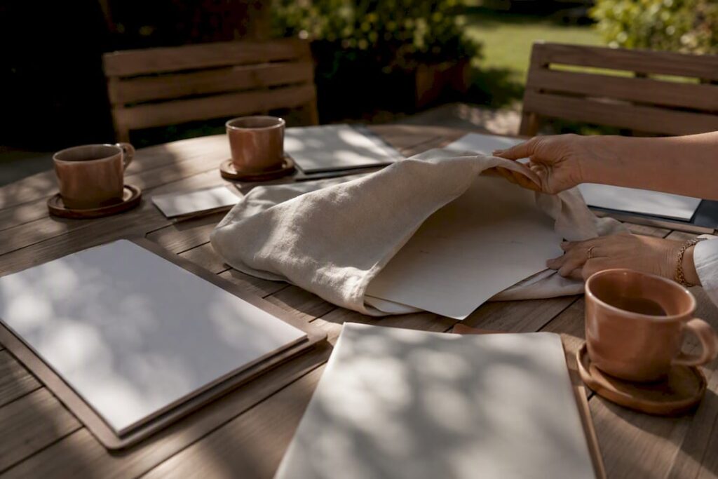 Workshop table with agenda sheets and coffee cups
