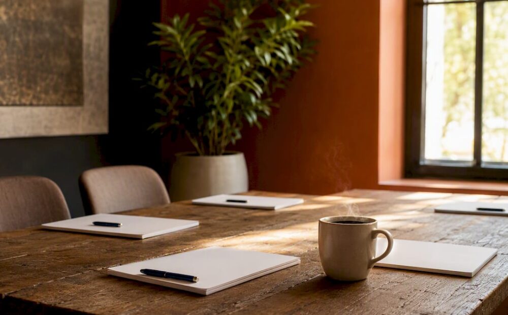 Table with agenda and coffee for meeting prep