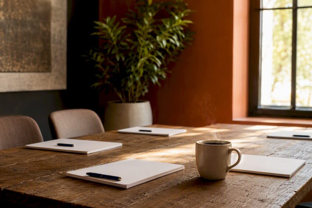 Table with agenda and coffee for meeting prep