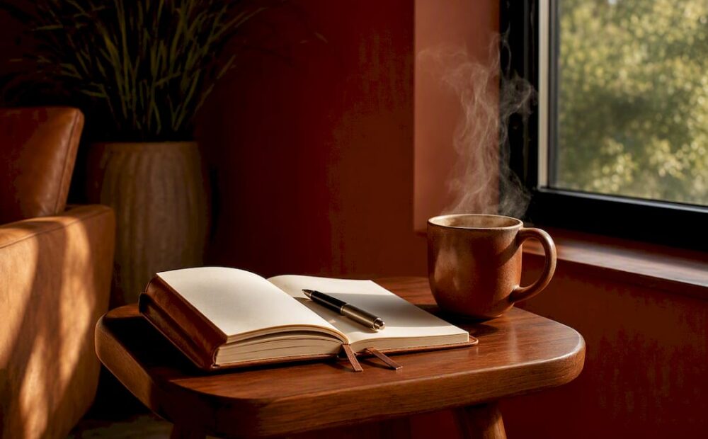 Manager's desk with notebook and coffee