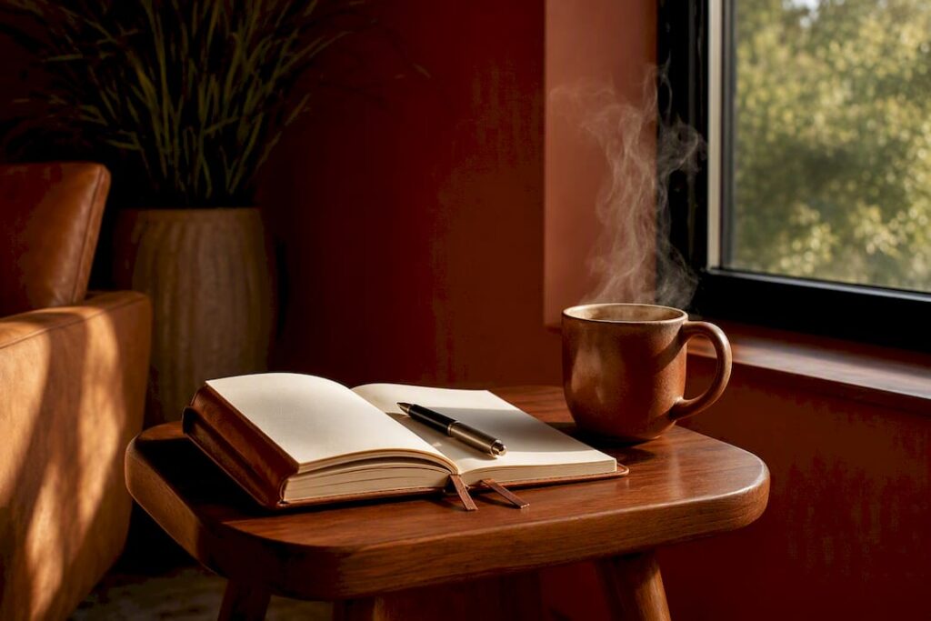 Manager's desk with notebook and coffee