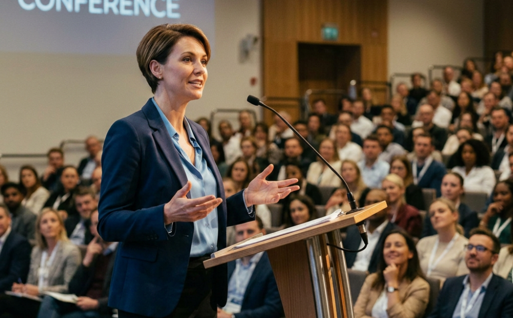 Woman giving a speech at a podium during Future Innovations Conference with audience listening