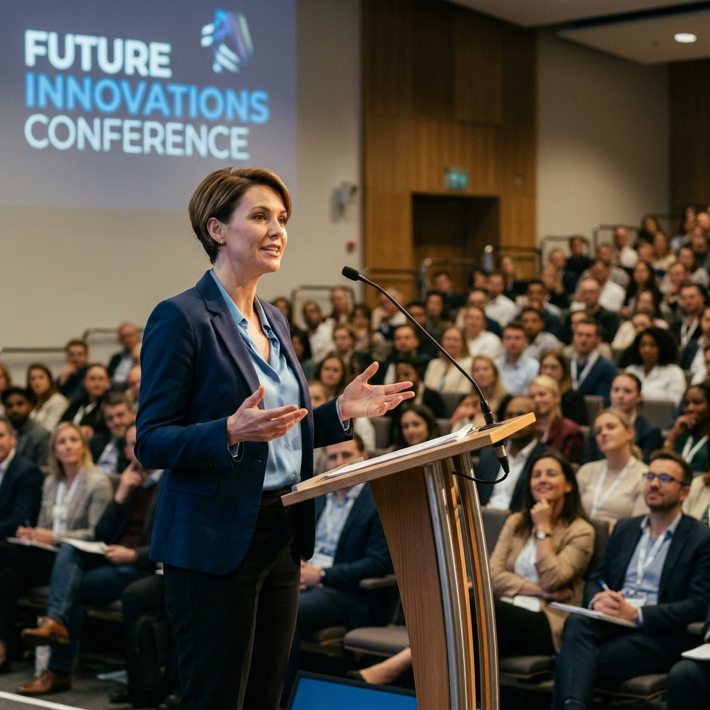 Woman giving a speech at a podium during Future Innovations Conference with audience listening