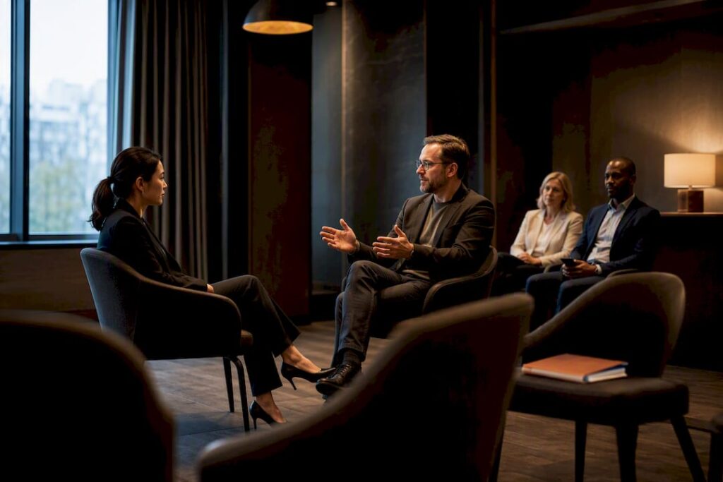 Managers rehearsing feedback in leadership workshop