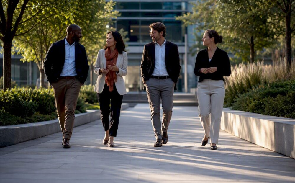 Colleagues holding a corporate walking meeting