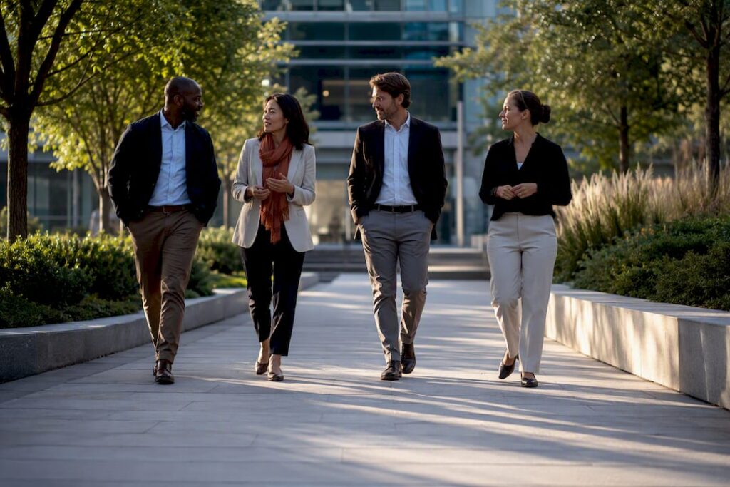 Colleagues holding a corporate walking meeting