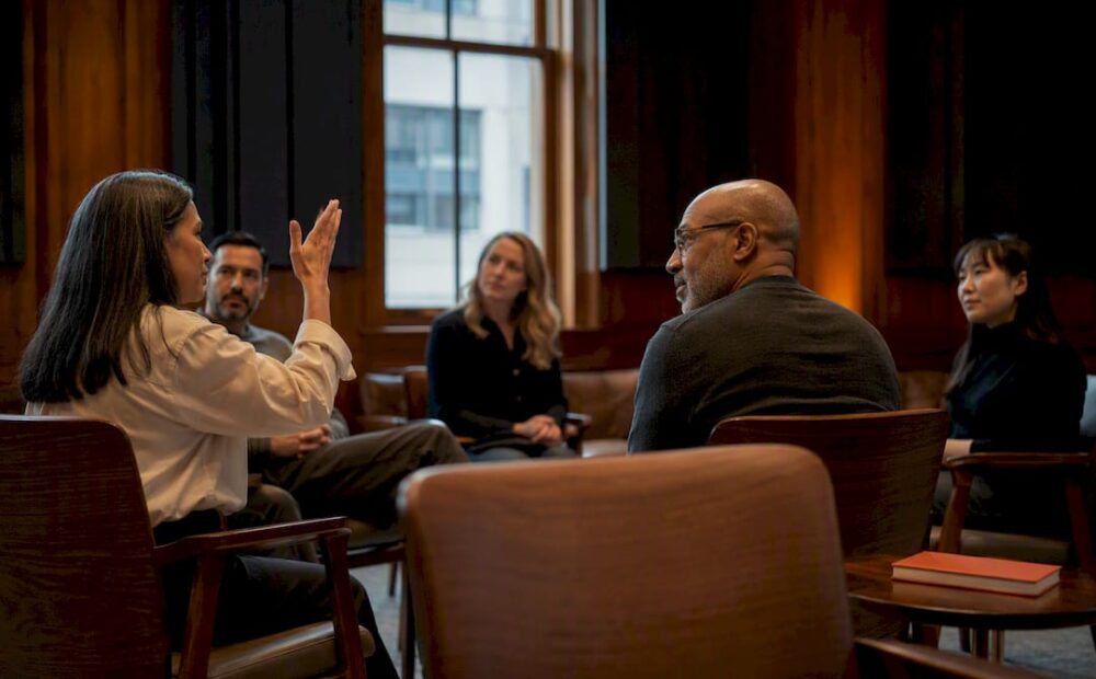 Leader listening as colleague raises hand