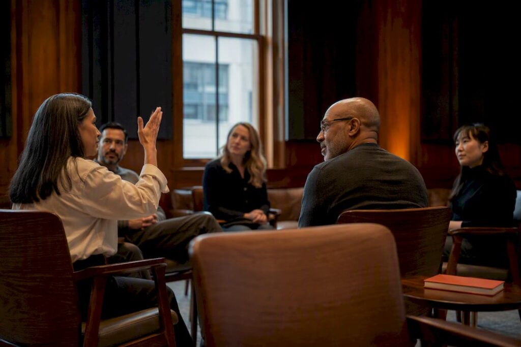 Leader listening as colleague raises hand