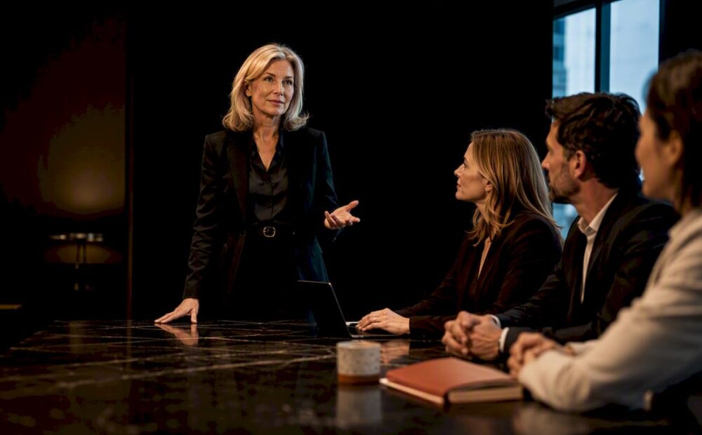 Woman presenting a recommendation in a boardroom