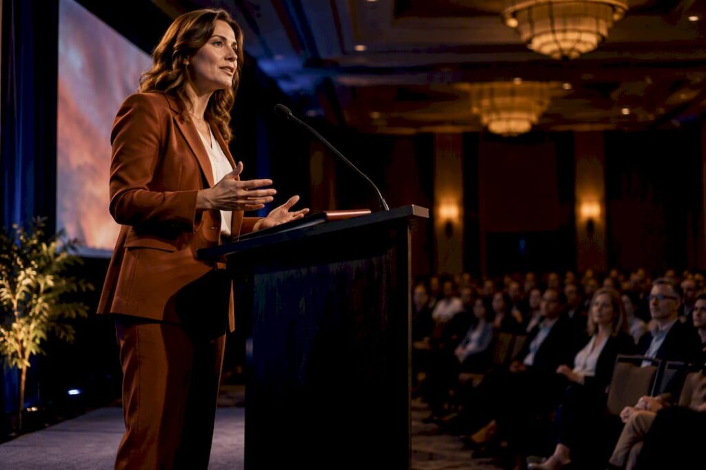 Keynote speaker addressing an event audience