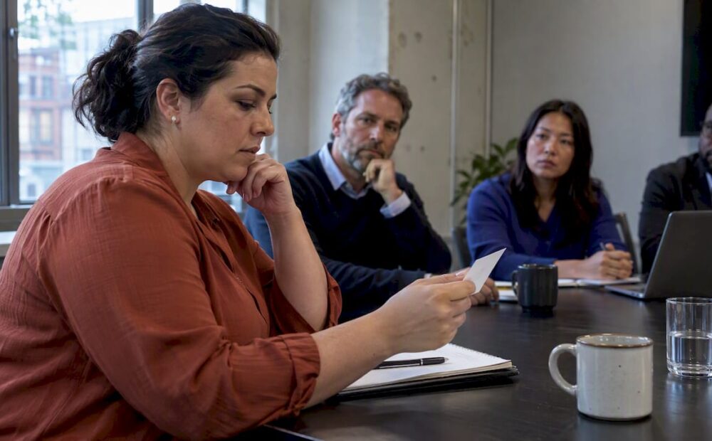 Leader pausing over decision card in meeting
