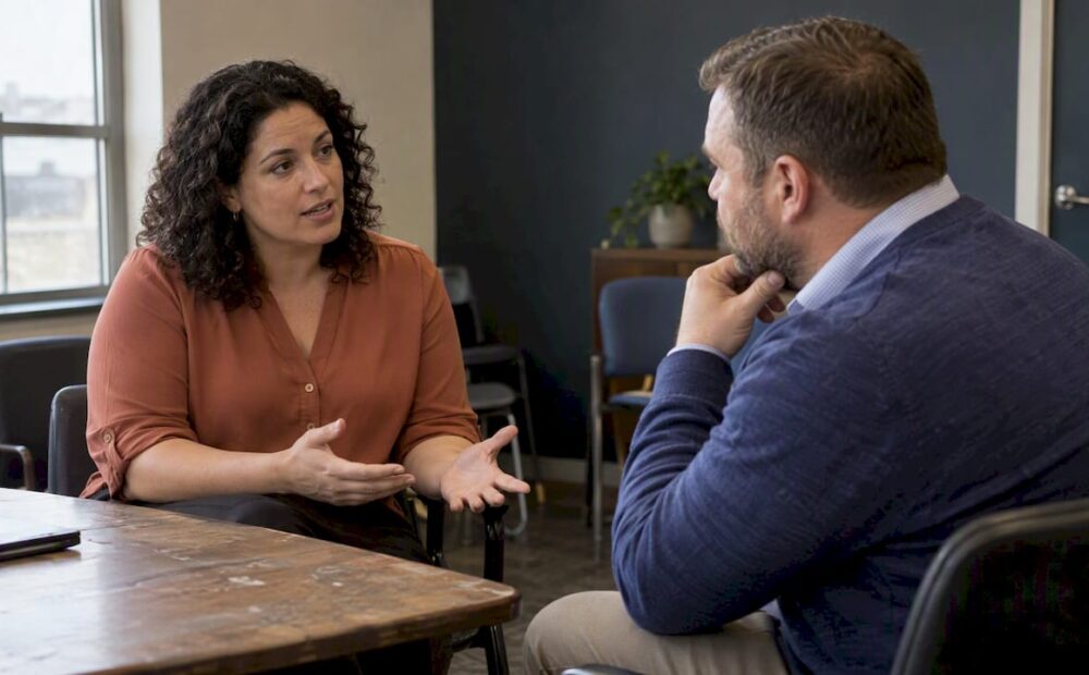 Colleagues practice a real estate sales conversation
