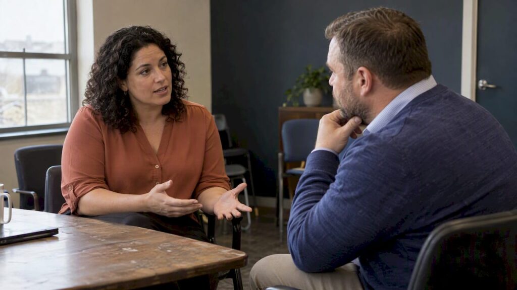 Colleagues practice a real estate sales conversation