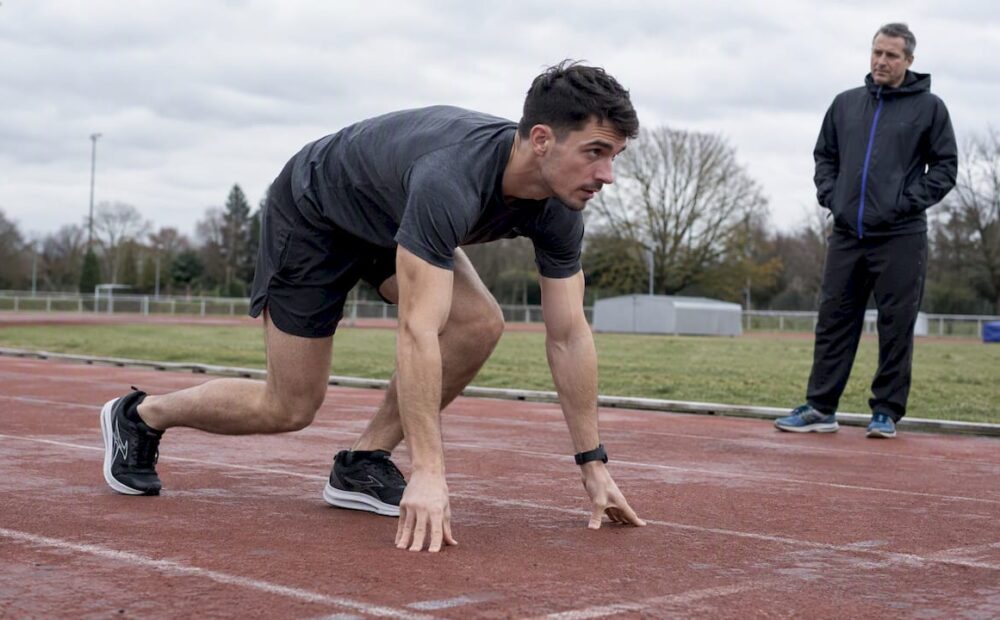 Runner practicing starts on a terracotta track