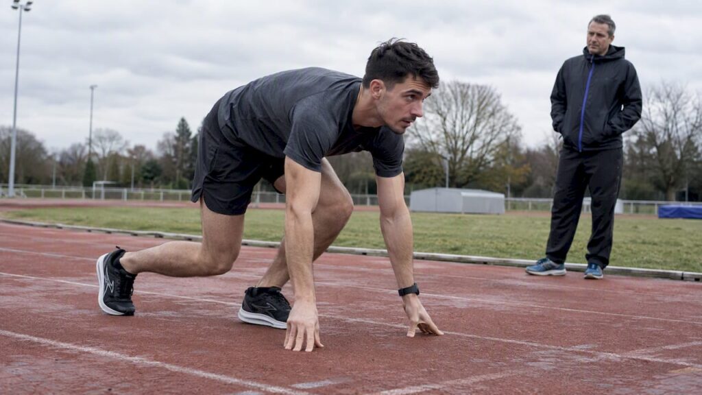 Runner practicing starts on a terracotta track